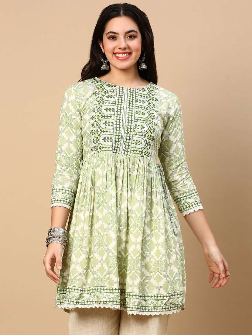women printed round neck flared kurti