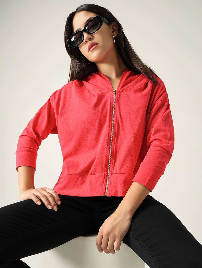 women solid hooded zipper sweatshirt - 21553991 -  Standard Image - 1