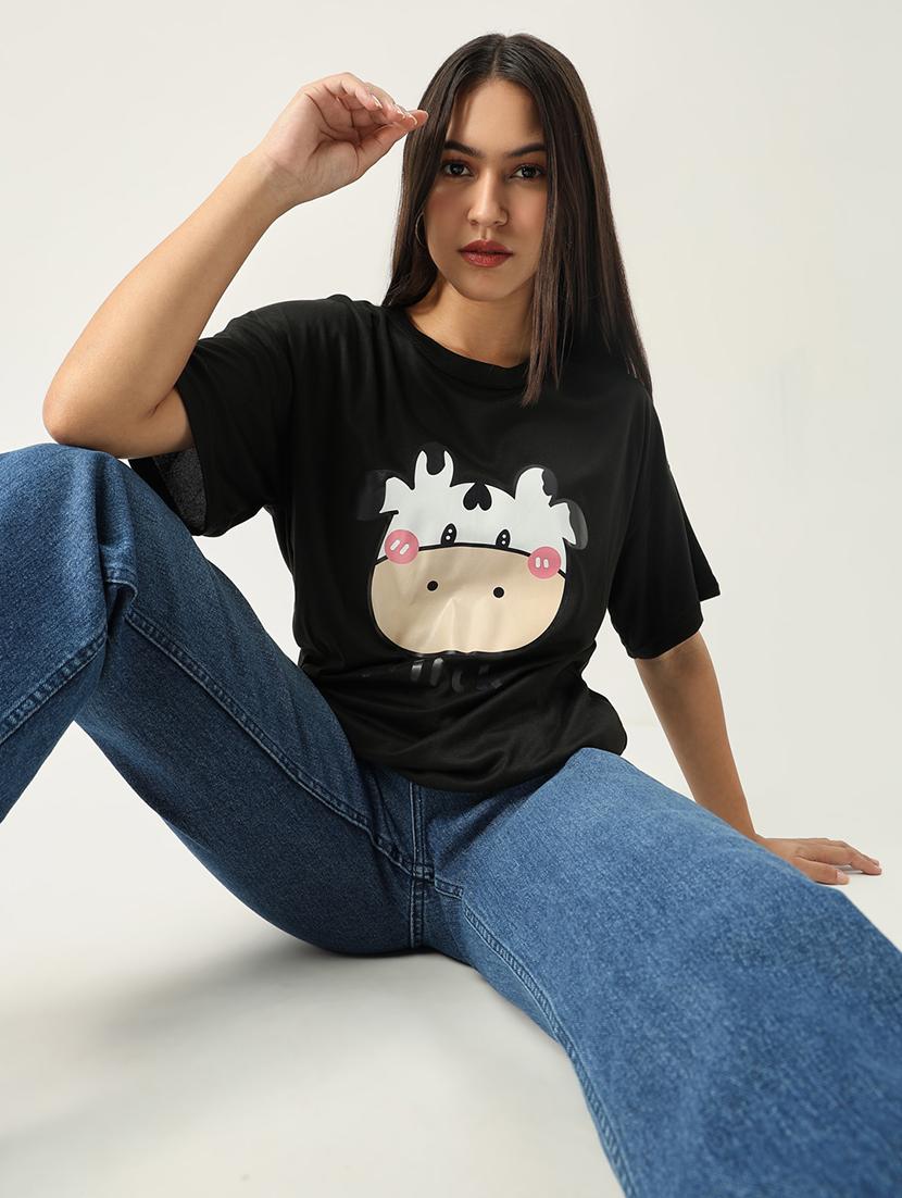 women front print round neck t-shirt - 21553997 - Standard Image - 1
