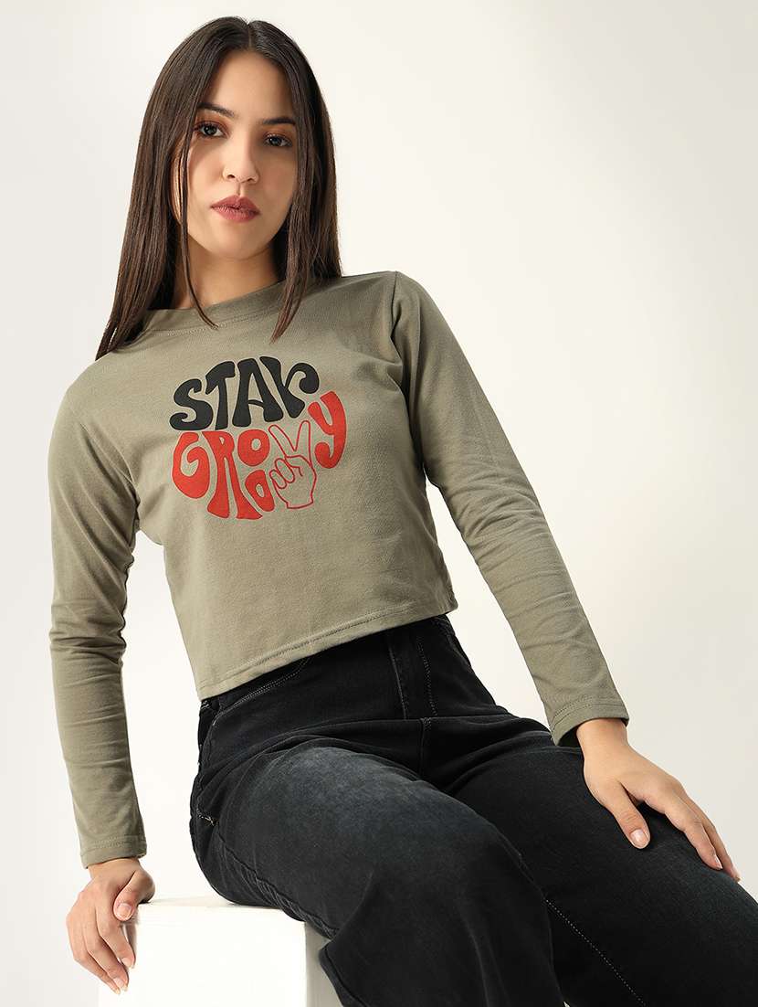 women front print round neck crop t-shirt - 21553999 -  Standard Image - 1