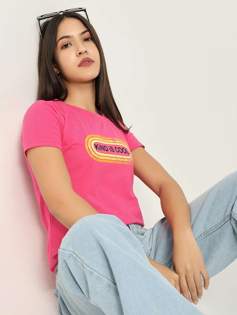 women front print round neck t-shirt - 21554003 -  Standard Image - 1