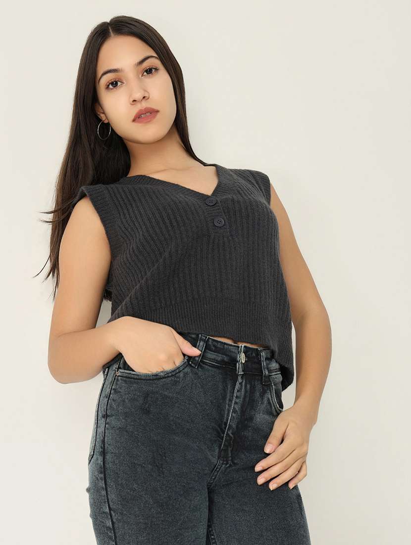 women charcoal solid regular top - 21554046 -  Standard Image - 1