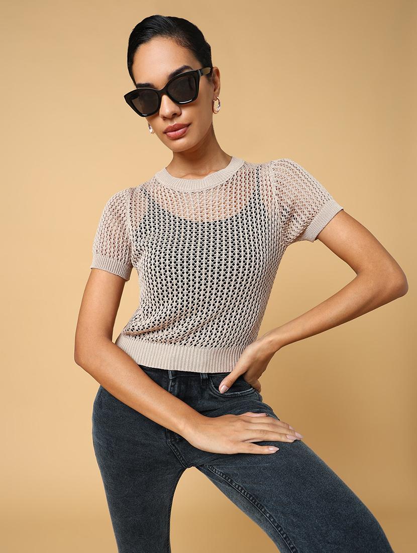 women beige crochet regular top - 21554092 -  Standard Image - 1