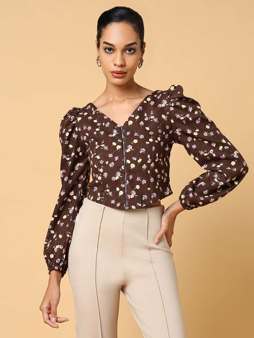 women brown floral printed regular top