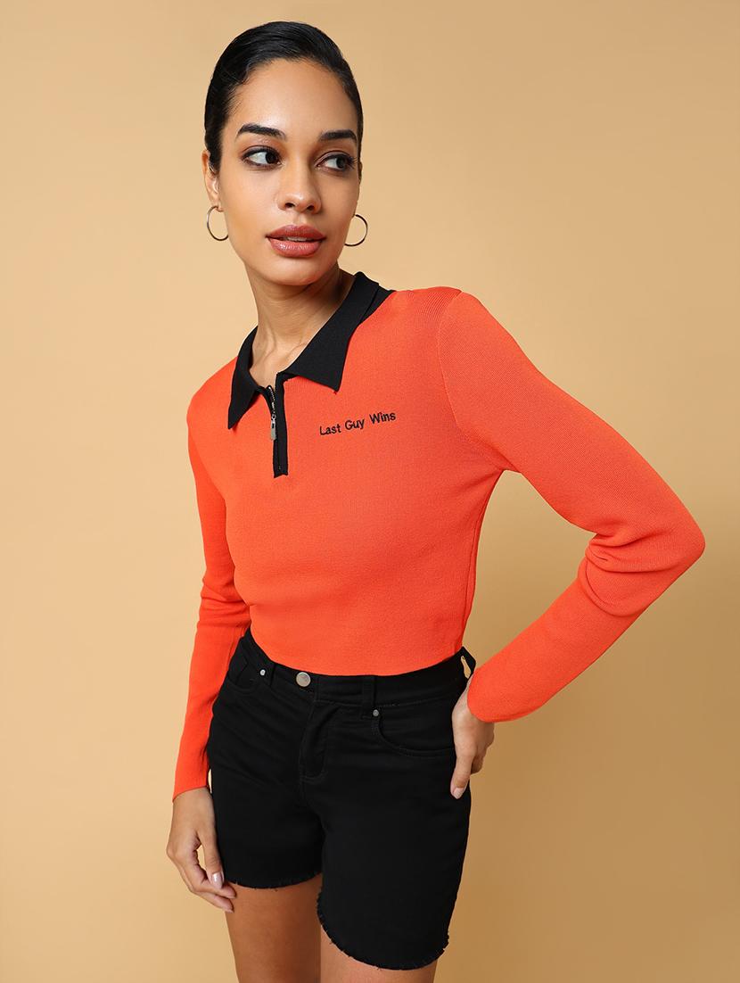 women orange color block regular top - 21554107 - Standard Image - 1