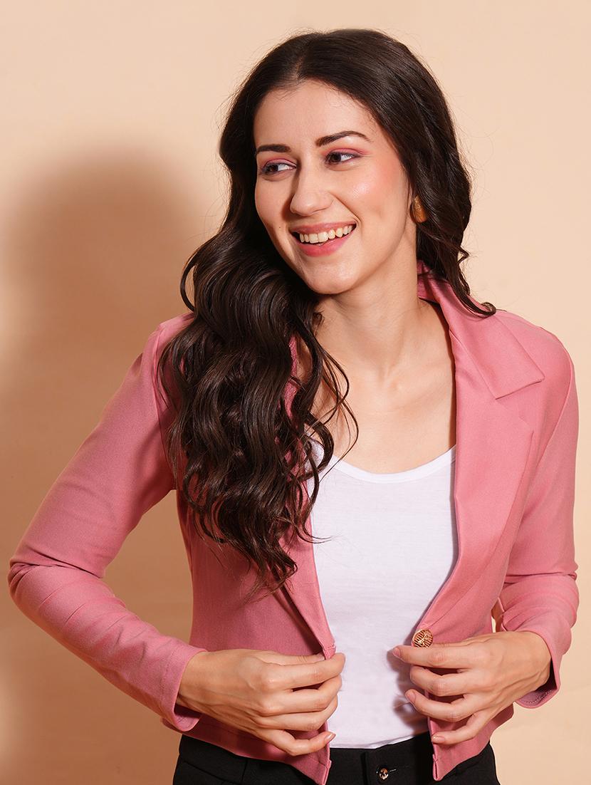 globus women dusty pink lapel collared long sleeves front opening crop jacket type work wear blazer - 21554178 - Standard Image - 1
