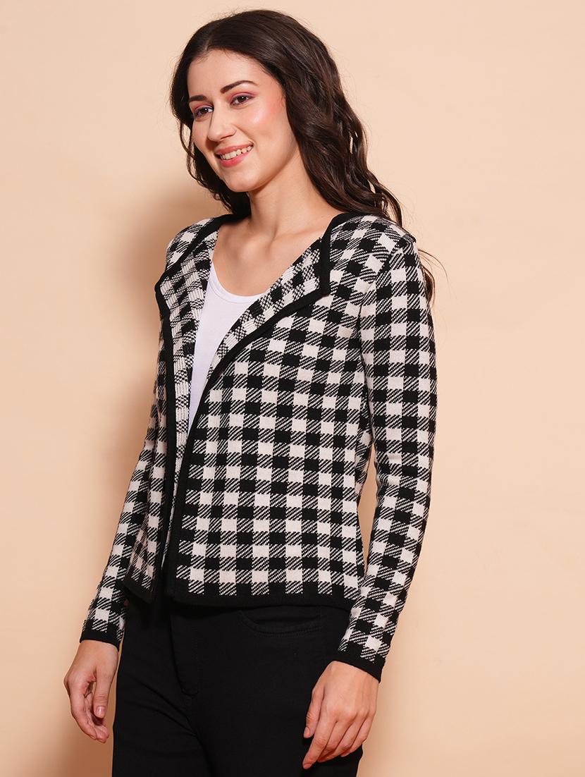 globus women black & white chequered lapel collar full sleeves cardigan sweater - 21554181 - Standard Image - 1