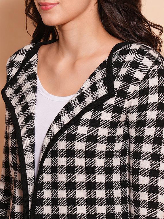globus women black & white chequered lapel collar full sleeves cardigan sweater - 21554181 - Standard Image - 4