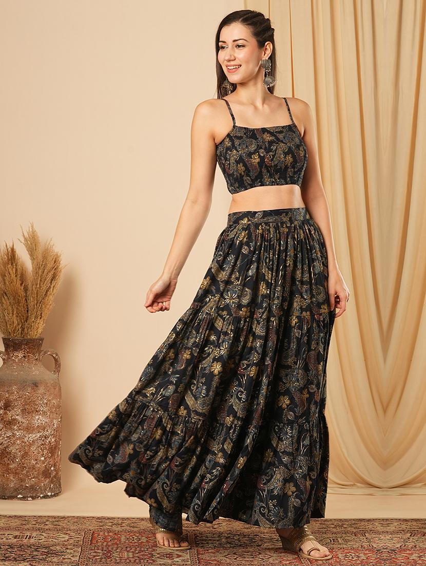 globus women blue floral printed strappy shoulder smocked crop top & maxi tiered skirt fusion co-ord set - 21554182 -  Standard Image - 1