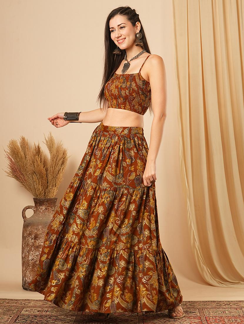 globus women mustard floral printed strappy shoulder smocked crop top & maxi tiered skirt fusion co-ord set - 21554183 -  Standard Image - 1
