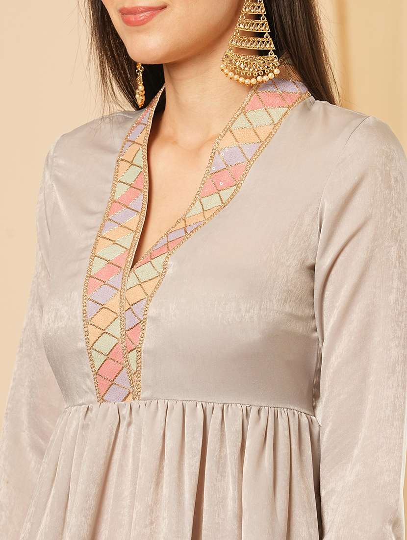 globus women grey overlapping sequined lace v neck velvet peplum tunic & mid-rise ankle length dhoti fusion co-ord set - 21554187 -  Standard Image - 4