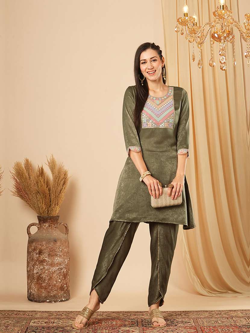 globus women green round neck sequined yoke velvet peplum tunic & mid-rise ankle length dhoti fusion co-ord set