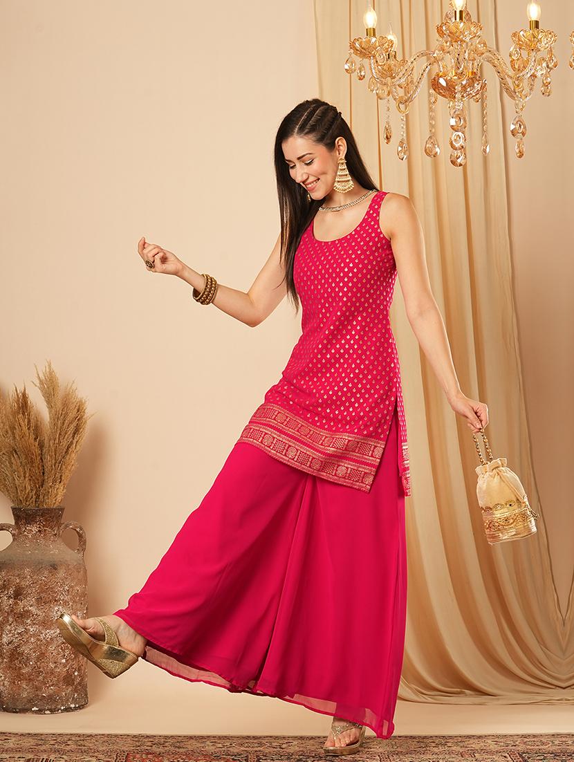 globus women pink gold foil ethnic motif round neck short kurti & partially elasticated flared palazzo festive co-ord set