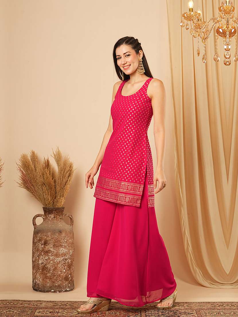 globus women pink gold foil ethnic motif round neck short kurti & partially elasticated flared palazzo festive co-ord set - 21554189 -  Standard Image - 1
