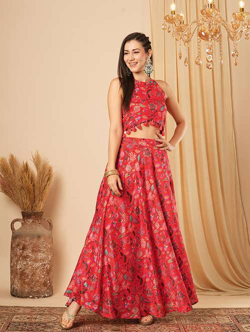globus women red floral printed halter neck tassel detailing crop top & partially elasticated flared maxi fusion co-ord set - 21554190 -  Standard Image - 0