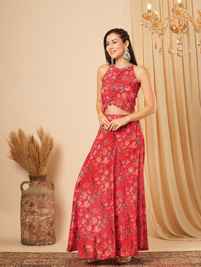 globus women red floral printed halter neck tassel detailing crop top & partially elasticated flared maxi fusion co-ord set - 21554190 -  Standard Image - 1