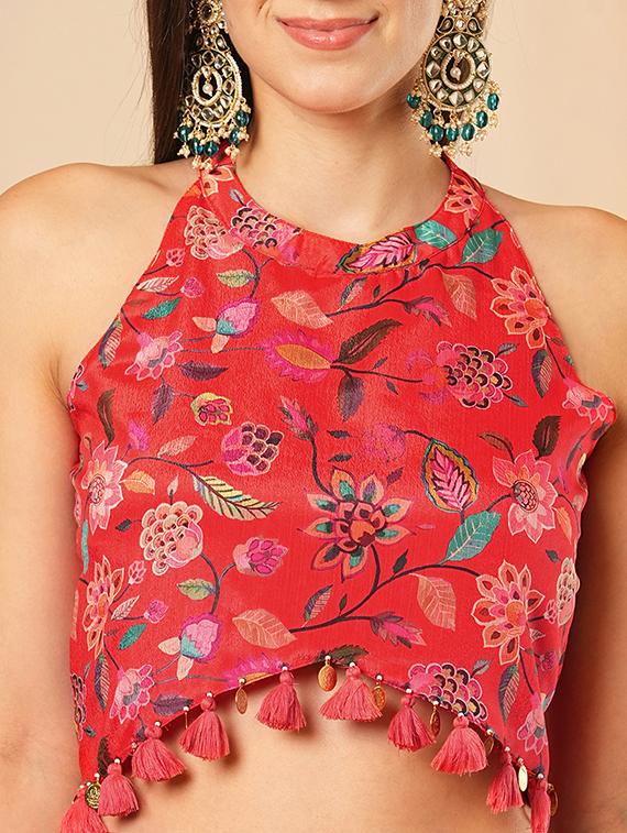 globus women red floral printed halter neck tassel detailing crop top & partially elasticated flared maxi fusion co-ord set - 21554190 - Standard Image - 4