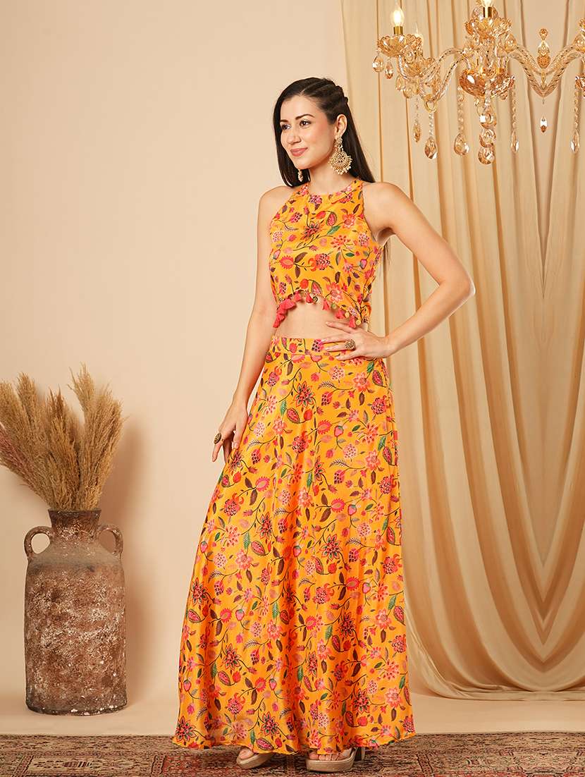 globus women yellow floral printed halter neck tassel detailing crop top & partially elasticated flared maxi fusion co-ord set