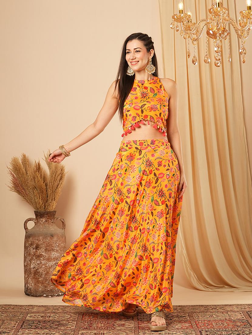 globus women yellow floral printed halter neck tassel detailing crop top & partially elasticated flared maxi fusion co-ord set - 21554191 -  Standard Image - 1