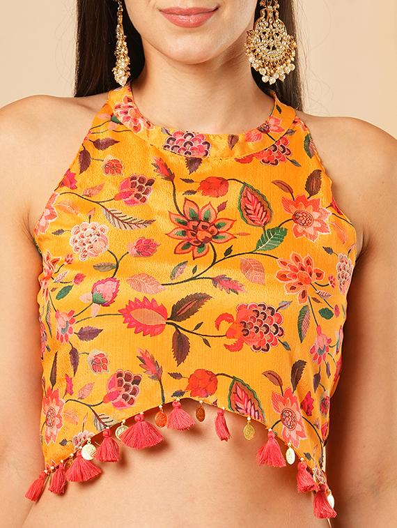 globus women yellow floral printed halter neck tassel detailing crop top & partially elasticated flared maxi fusion co-ord set - 21554191 - Standard Image - 4