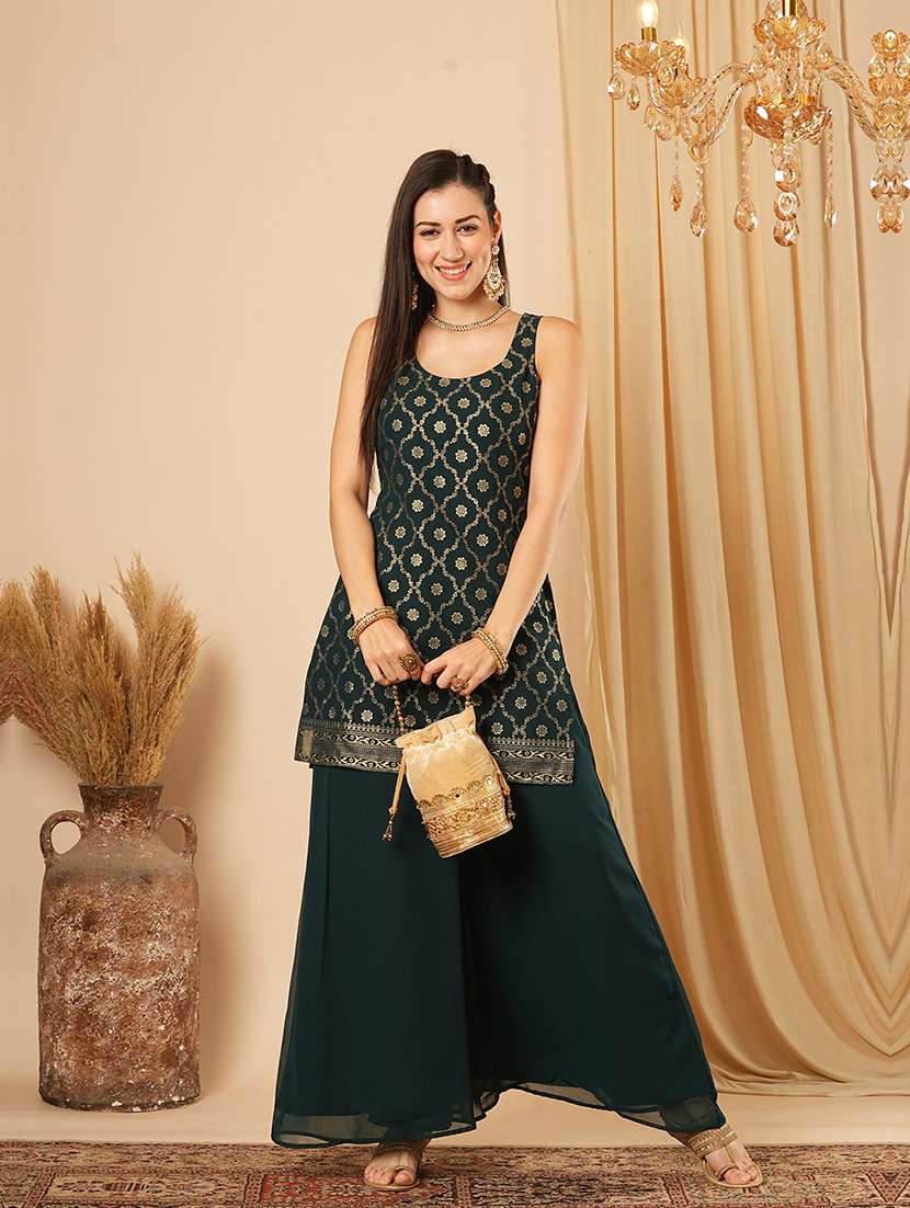 globus women teal gold foil ethnic motif round neck short kurti & partially elasticated flared palazzo festive co-ord set