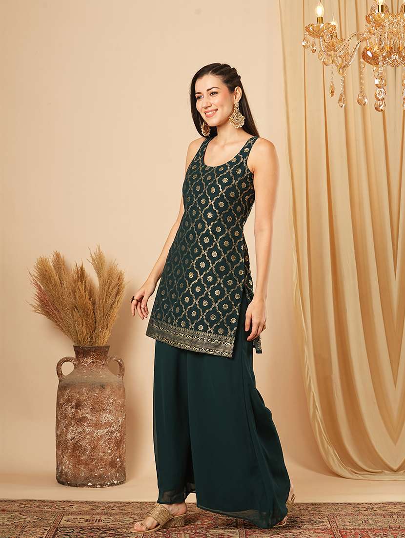 globus women teal gold foil ethnic motif round neck short kurti & partially elasticated flared palazzo festive co-ord set - 21554192 -  Standard Image - 1