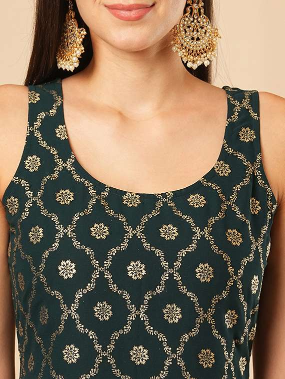 globus women teal gold foil ethnic motif round neck short kurti & partially elasticated flared palazzo festive co-ord set - 21554192 -  Standard Image - 4