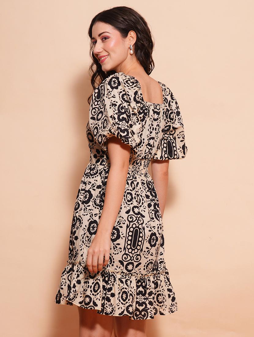 globus women black sweetheart neck balloon sleeves tribal print gathered smocked fit & flare dress - 21554197 - Standard Image - 1