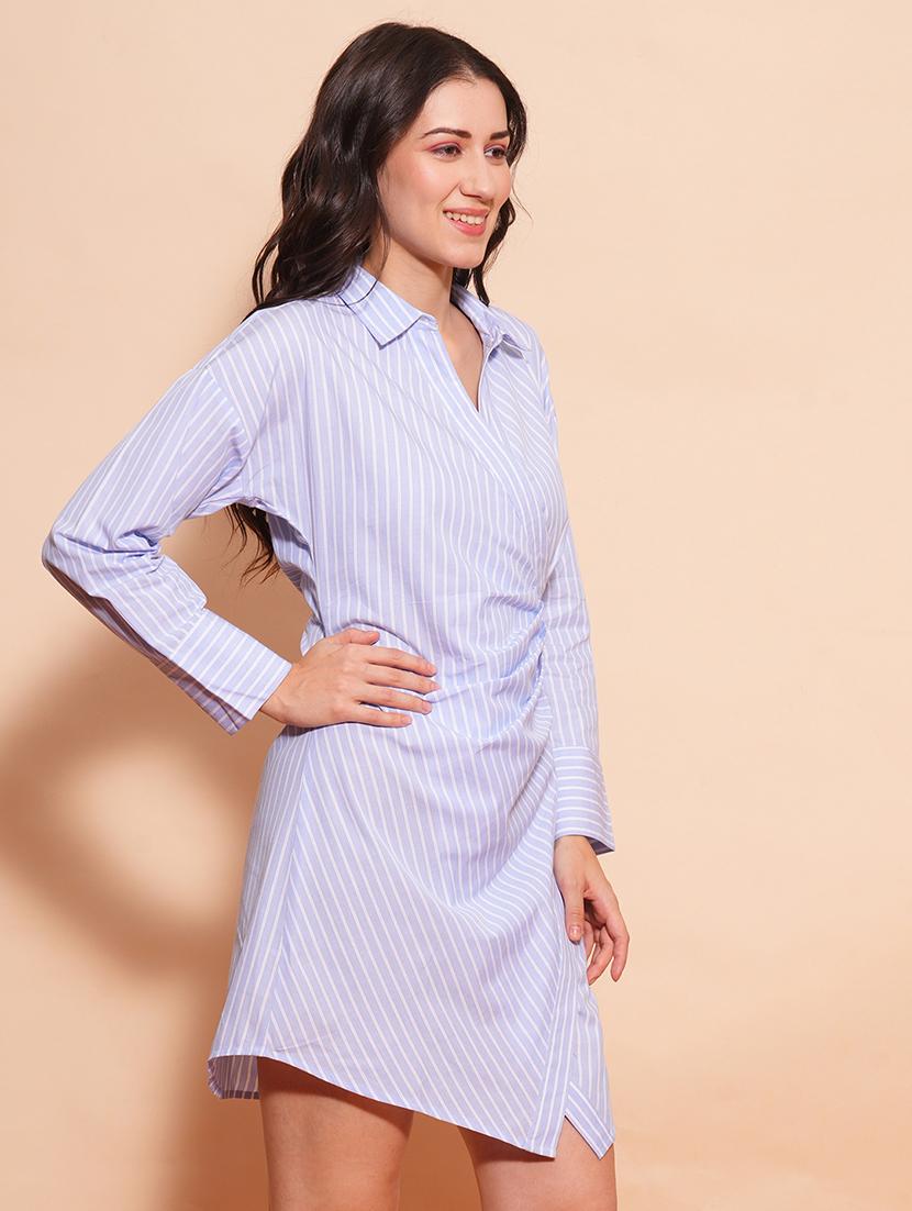 globus women blue shirt collar cuffed sleeves striped pleated wrap dress - 21554198 -  Standard Image - 1