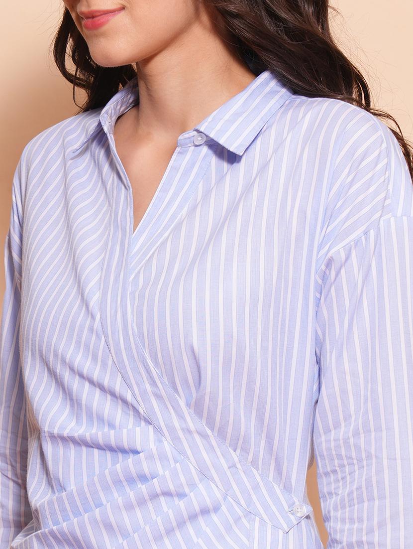 globus women blue shirt collar cuffed sleeves striped pleated wrap dress - 21554198 - Standard Image - 4