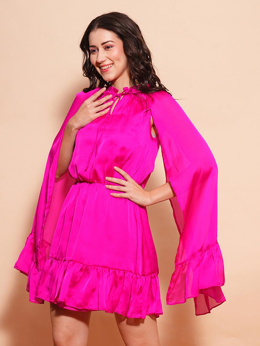 globus women pink frilled tie-up neck long cape sleeves tiered fit & flare party dress - 21554201 - Standard Image - 1