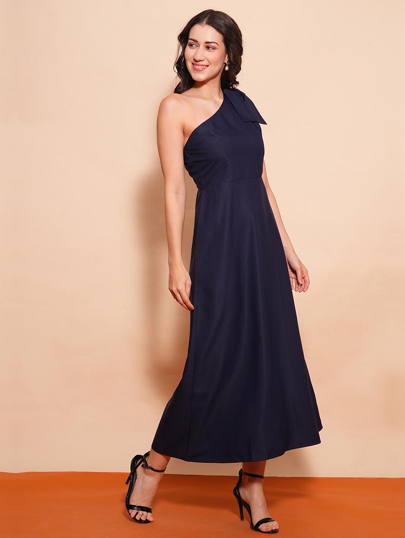 globus women navy blue one shoulder bow detail a-line maxi party dress - 21554202 - Standard Image - 1