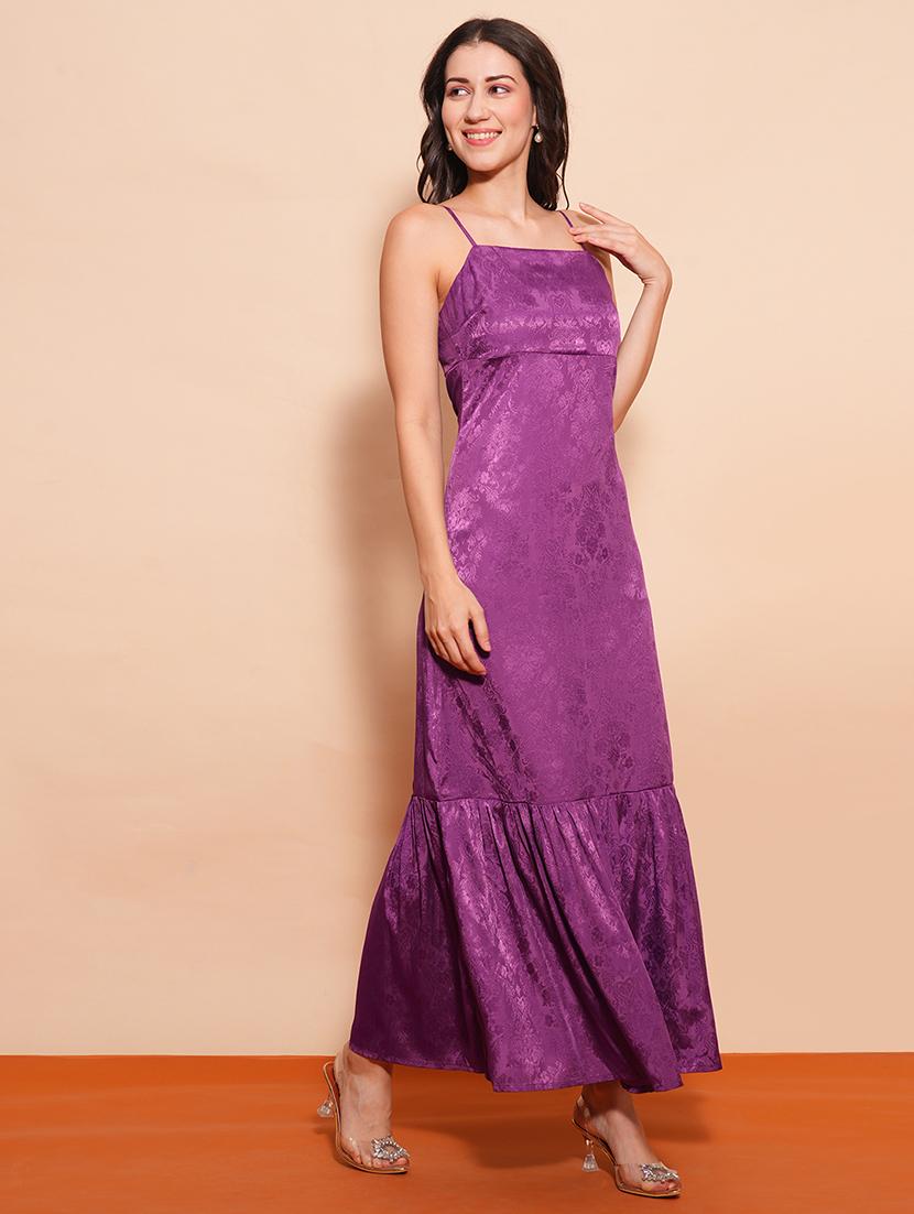 globus women purple square neck strappy shoulder ethnic self design back button detail fit & flare maxi party dress - 21554206 -  Standard Image - 1