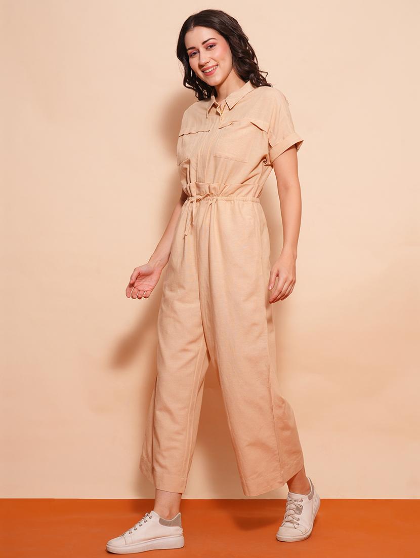 globus women beige shirt collar waist tie-ups cargo style wide leg casual jumpsuit - 21554217 - Standard Image - 1
