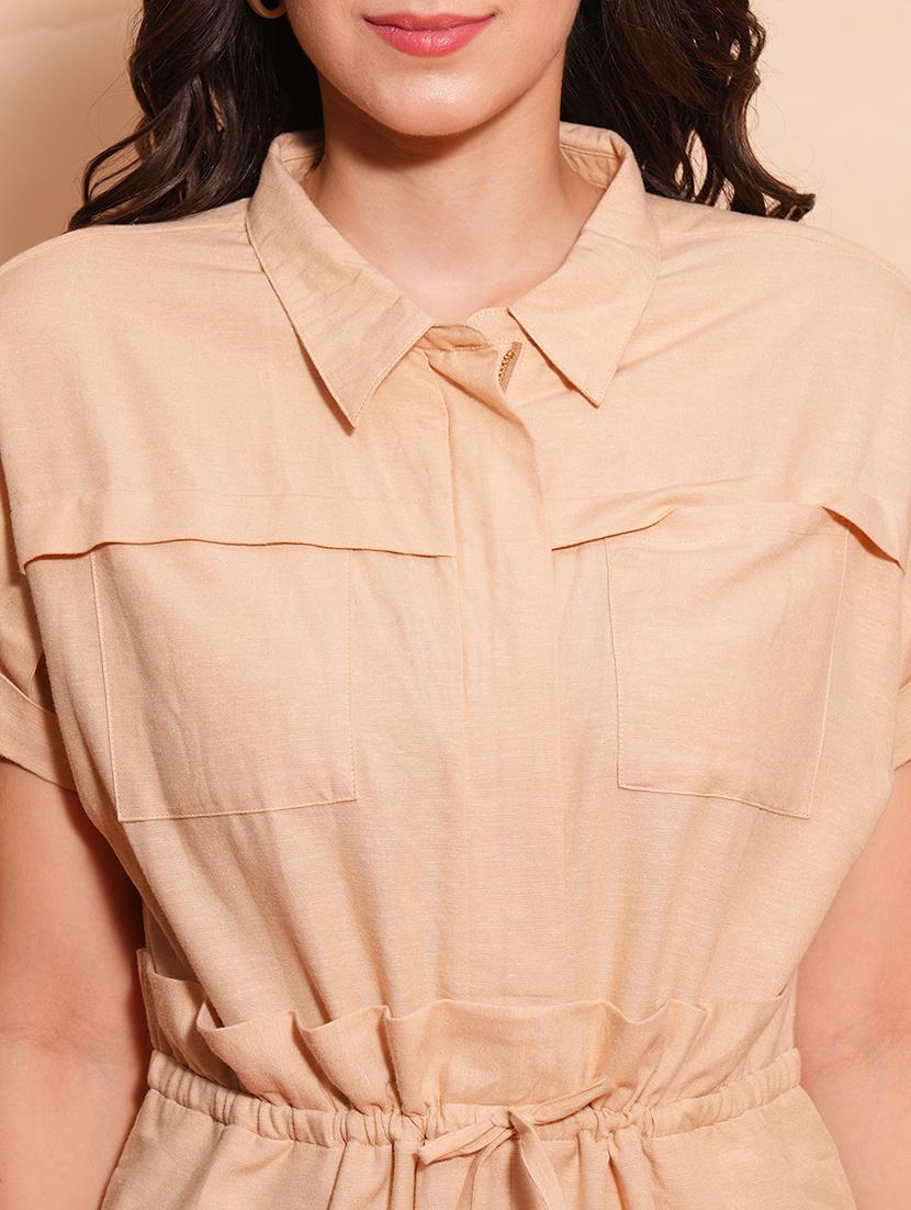 globus women beige shirt collar waist tie-ups cargo style wide leg casual jumpsuit - 21554217 - Standard Image - 4