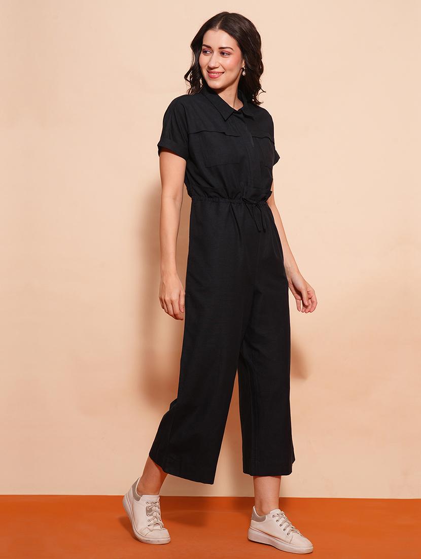 globus women black shirt collar waist tie-ups cargo style wide leg casual jumpsuit - 21554218 - Standard Image - 1