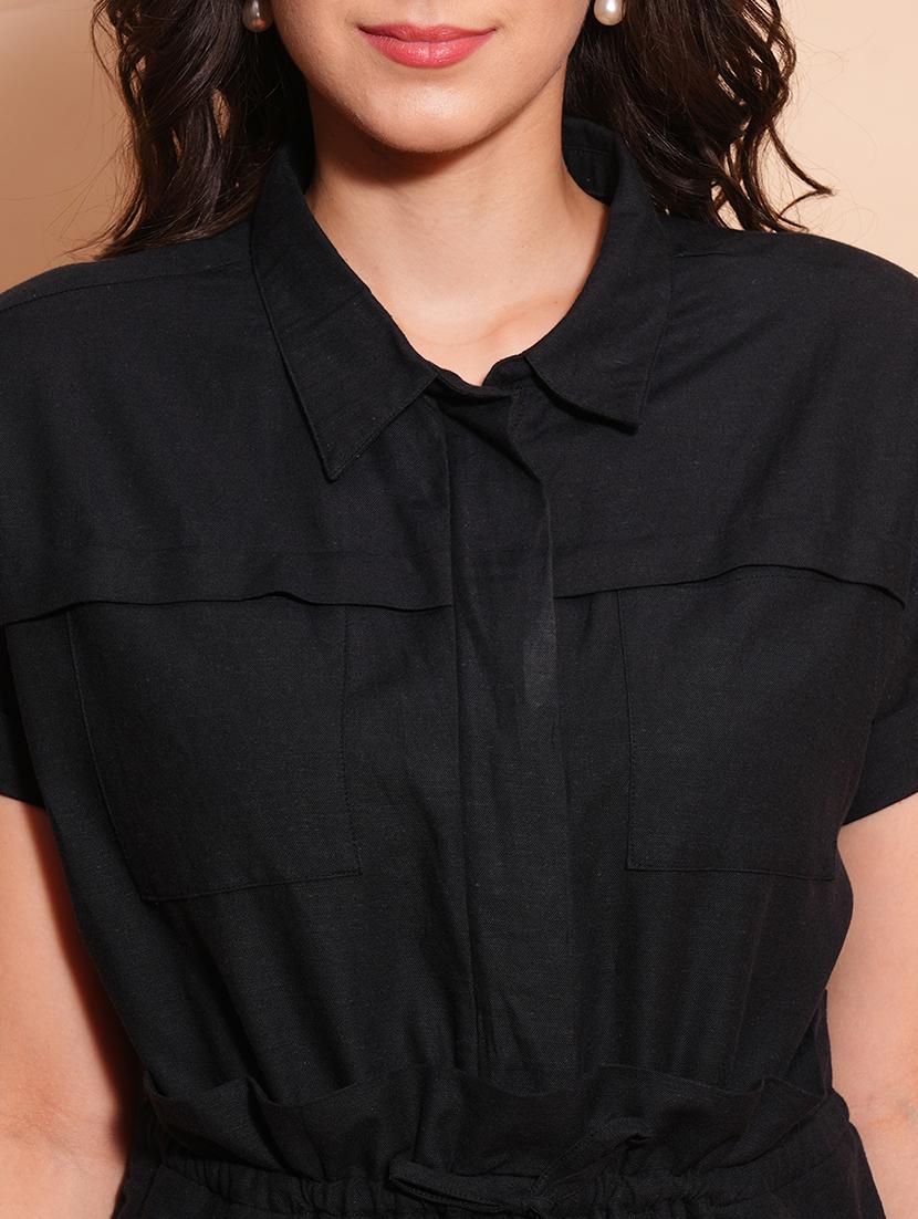 globus women black shirt collar waist tie-ups cargo style wide leg casual jumpsuit - 21554218 - Standard Image - 4