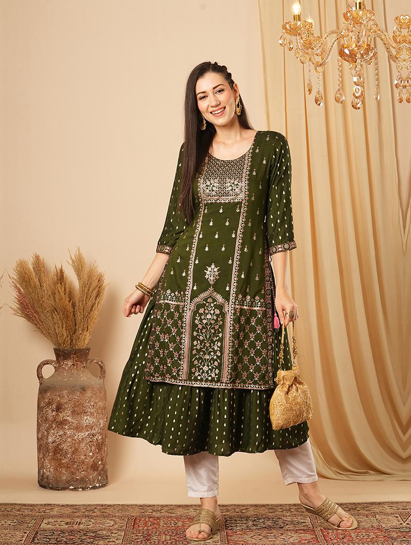 globus women green gold foil ethnic & floral print layered a-line festive kurta - 21554219 - Standard Image - 1