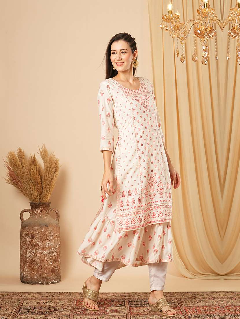 globus women off white gold foil ethnic print layered a-line festive kurta - 21554220 -  Standard Image - 1