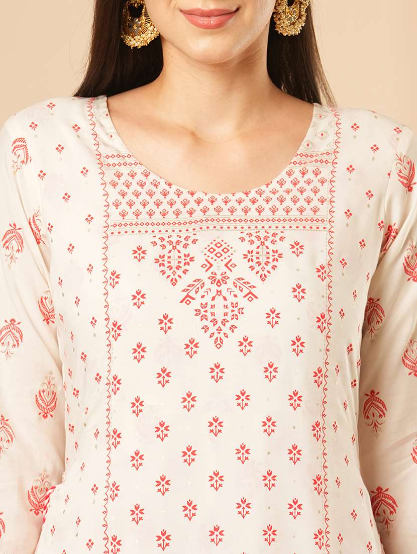 globus women off white gold foil ethnic print layered a-line festive kurta - 21554220 -  Standard Image - 4