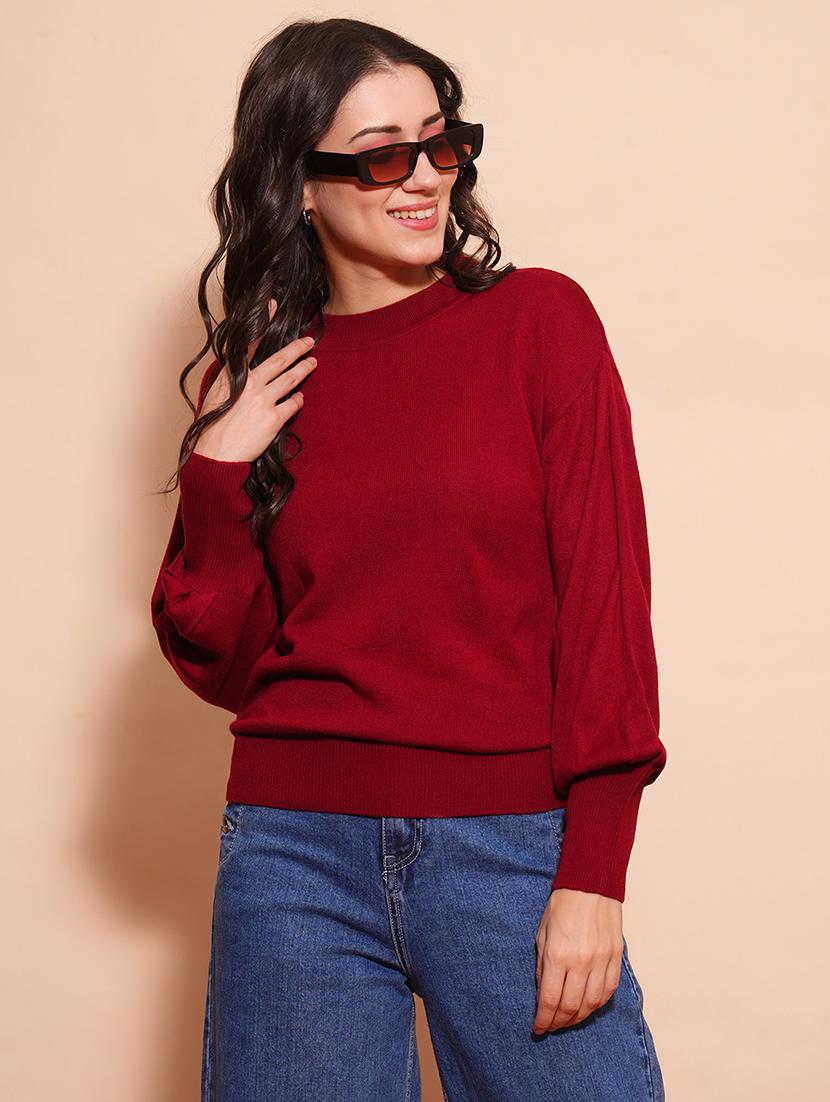 globus women maroon cotton bishop sleeves ribbed hem flat knitted pullover sweater  - 21554275 -  Zoom Image - 0