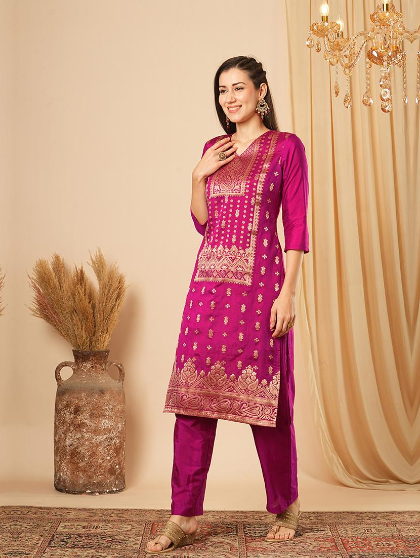 globus women magenta v-neck brocade gold ethnic motifs jaal print straight kurta with elasticated pants festive set - 21554281 - Standard Image - 1