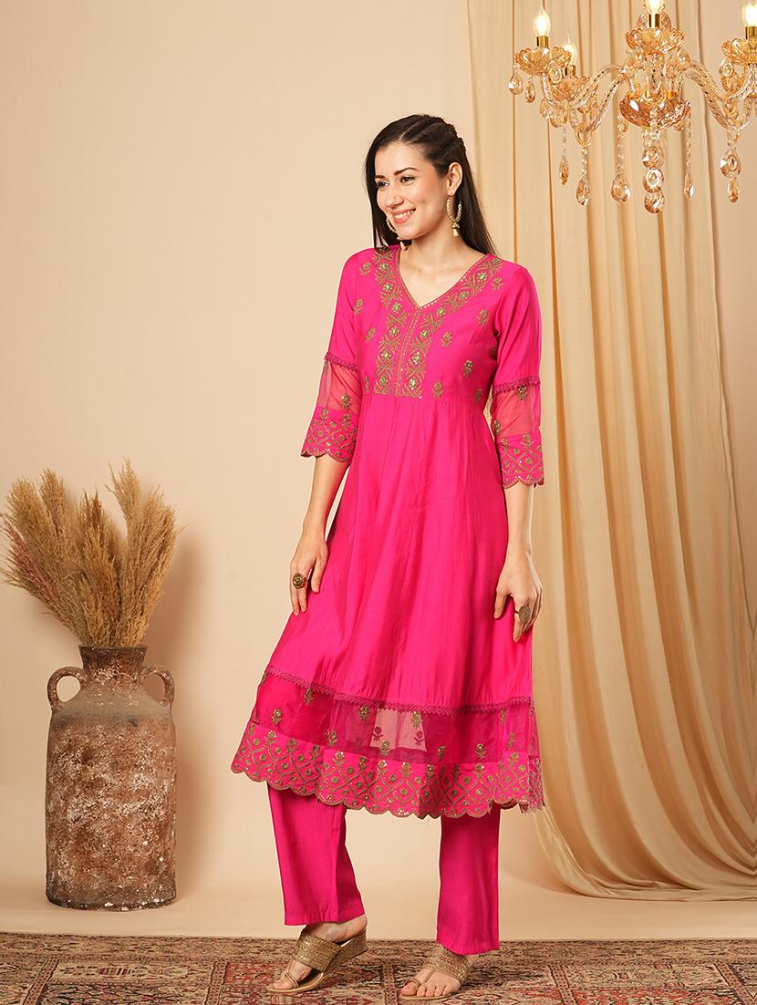globus women pink sequinned & embroidered yoke panelled scalloped hem anarkali kurta with elasticated pants festive set - 21554282 -  Standard Image - 1