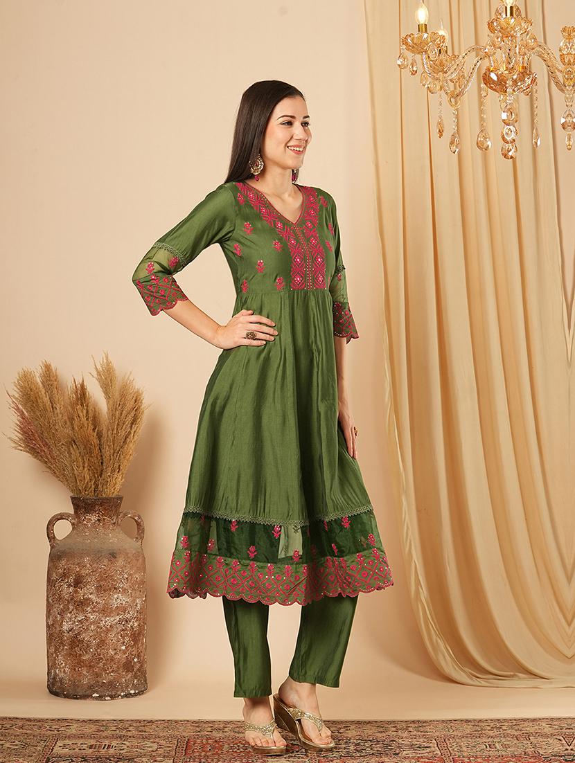 globus women green sequinned & embroidered yoke panelled scalloped hem anarkali kurta with elasticated pants festive set - 21554283 - Standard Image - 1