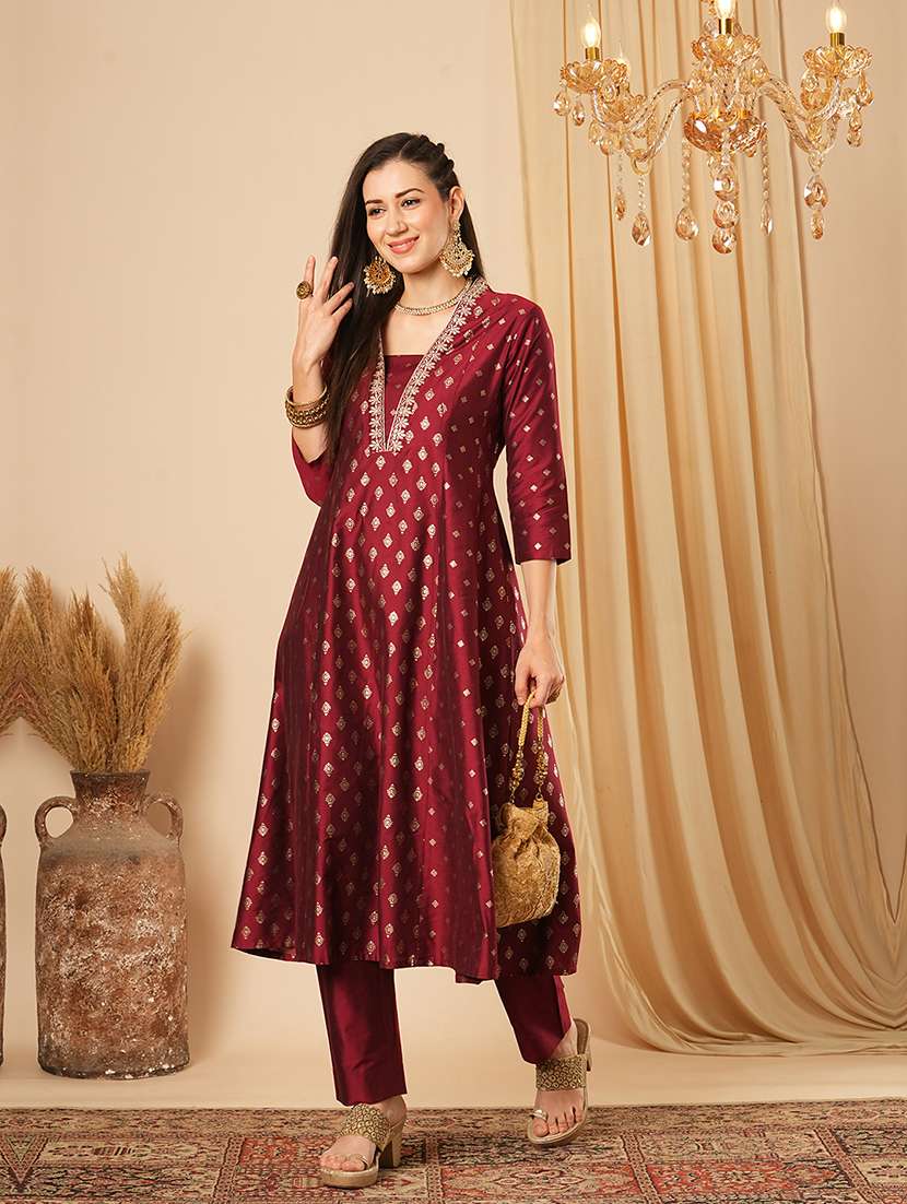 globus women maroon embroidered v-neck allover gold foil printed anarkali kurta with narrow pants festive set