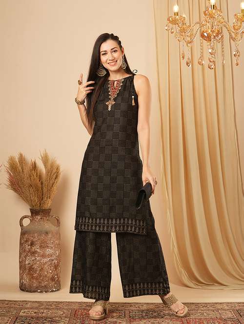 globus women black tie-up halter keyhole neck embroidery detail geometric polka dots straight kurta with palazzos festive set - 21554286 - Standard Image - 0