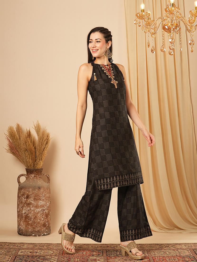 globus women black tie-up halter keyhole neck embroidery detail geometric polka dots straight kurta with palazzos festive set - 21554286 - Standard Image - 1