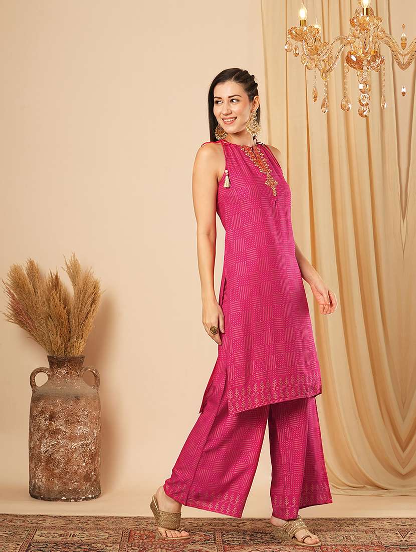 globus women pink tie-up halter keyhole neck embroidery detail geometric polka dots straight kurta with palazzos festive set - 21554287 -  Standard Image - 1