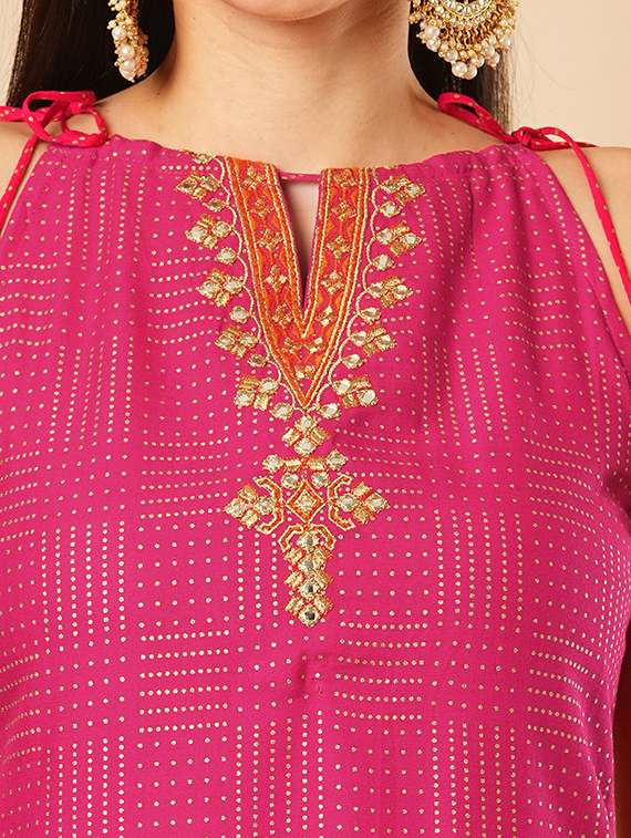 globus women pink tie-up halter keyhole neck embroidery detail geometric polka dots straight kurta with palazzos festive set - 21554287 -  Standard Image - 4