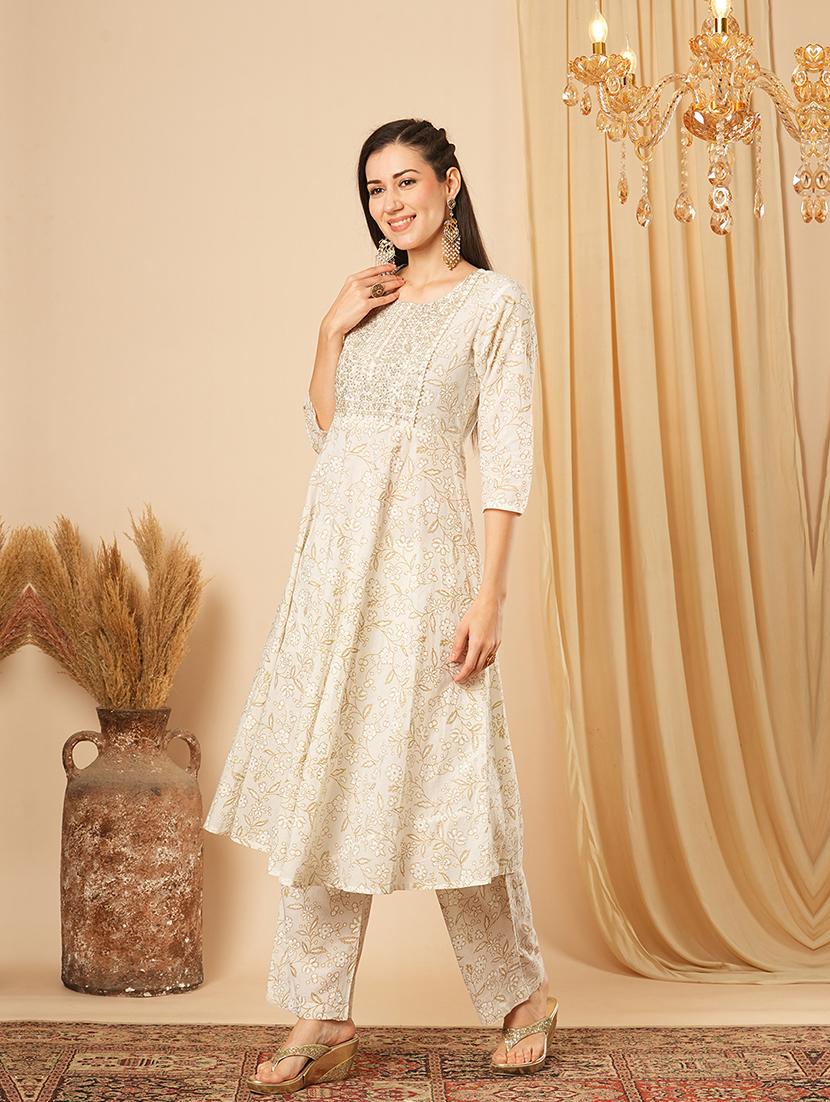 globus women white sequinned embroidered yoke allover floral print panelled anarkali kurta with narrow pants festive set - 21554288 - Standard Image - 1